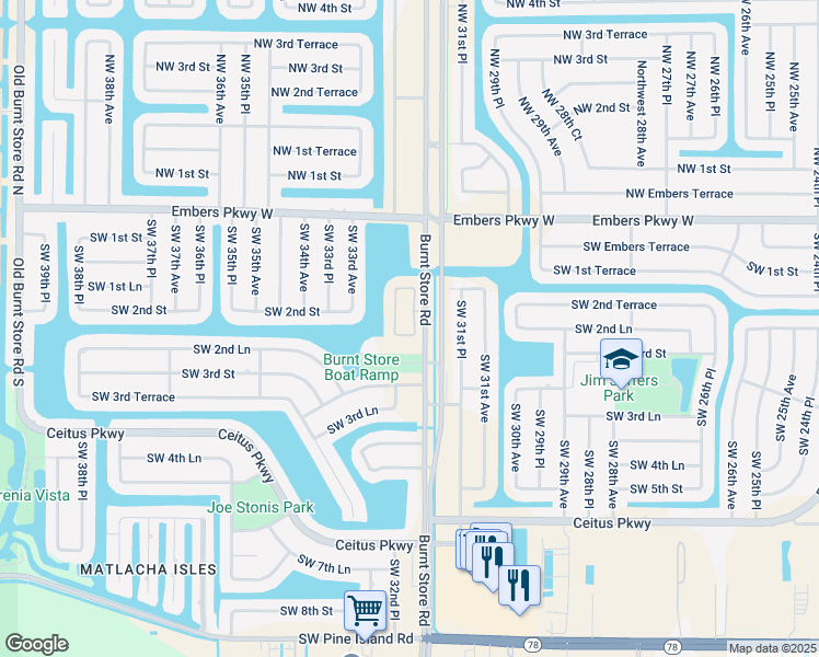 map of restaurants, bars, coffee shops, grocery stores, and more near 225 Shadroe Cove Circle in Cape Coral
