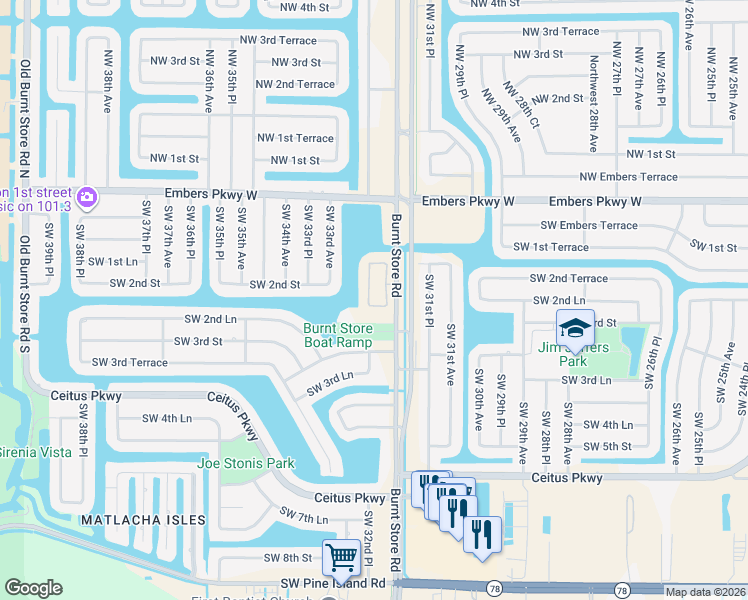map of restaurants, bars, coffee shops, grocery stores, and more near 221 Shadroe Cove Circle in Cape Coral
