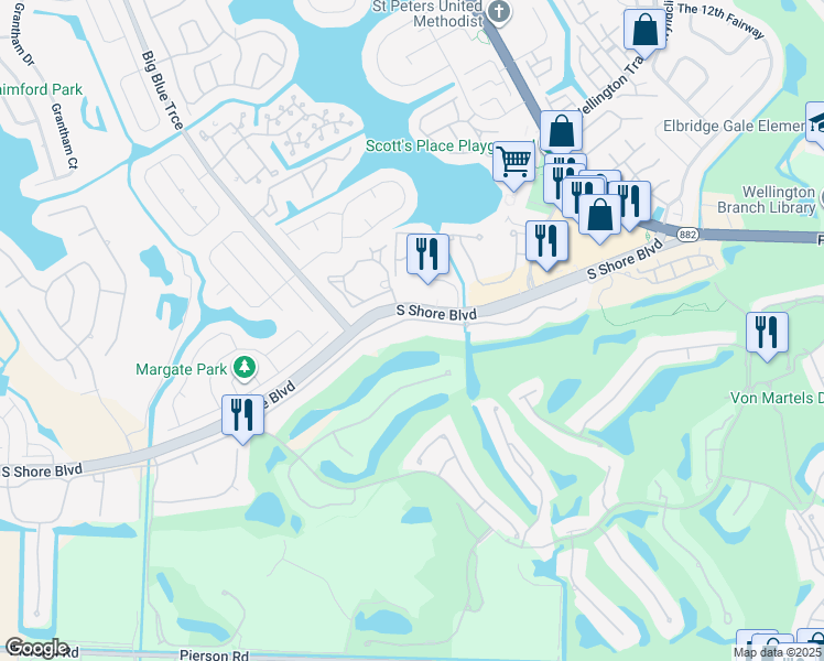 map of restaurants, bars, coffee shops, grocery stores, and more near 12400 Sunnydale Drive in Wellington
