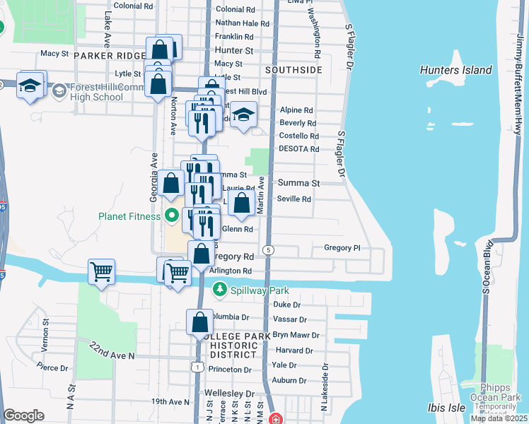 map of restaurants, bars, coffee shops, grocery stores, and more near 260 Seville Road in West Palm Beach