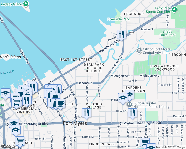 map of restaurants, bars, coffee shops, grocery stores, and more near 2716 Providence Street in Fort Myers