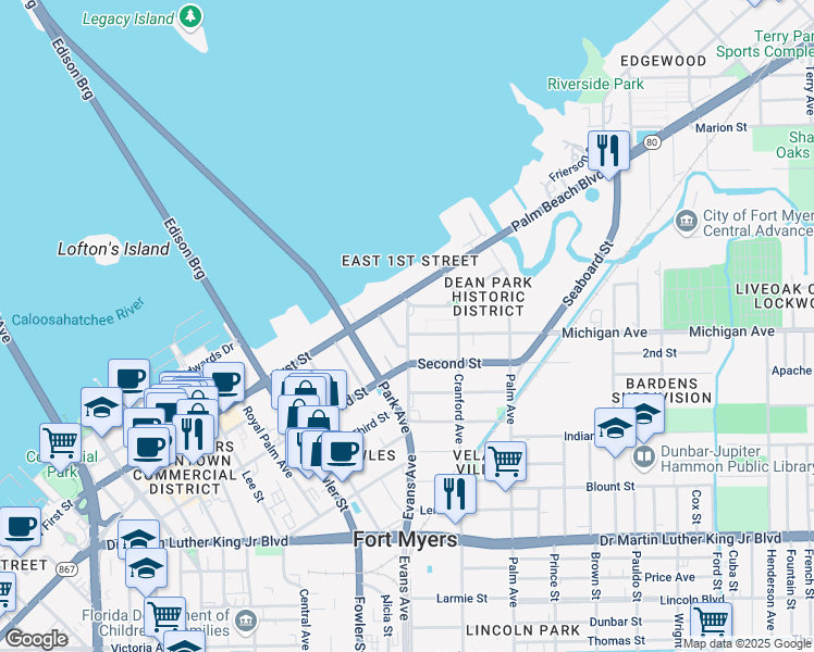 map of restaurants, bars, coffee shops, grocery stores, and more near 1550 Evans Avenue in Fort Myers