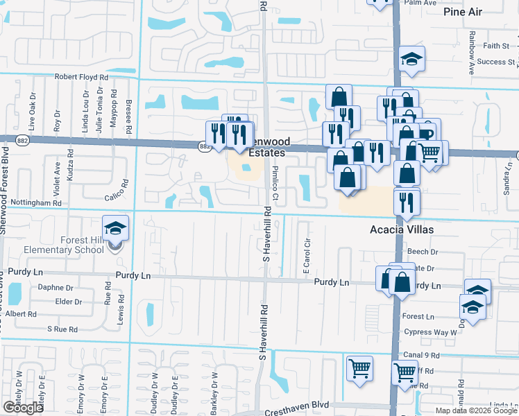 map of restaurants, bars, coffee shops, grocery stores, and more near 5072 Pine Abbey Drive South in West Palm Beach