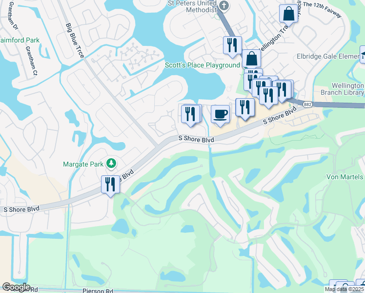map of restaurants, bars, coffee shops, grocery stores, and more near 12400 Sunnydale Drive in Wellington