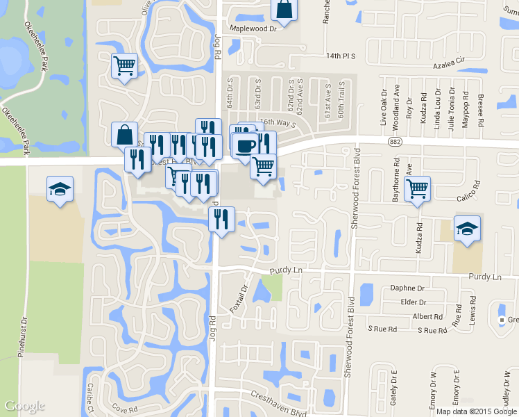 map of restaurants, bars, coffee shops, grocery stores, and more near 2144 White Pine Circle in Greenacres