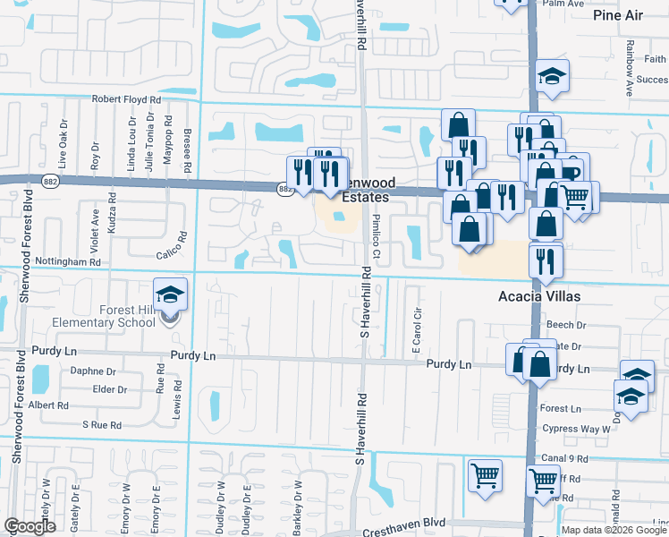 map of restaurants, bars, coffee shops, grocery stores, and more near 5250 Pine Abbey Drive South in West Palm Beach