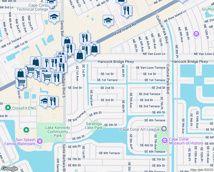 map of restaurants, bars, coffee shops, grocery stores, and more near 245 Southeast 2nd Street in Cape Coral