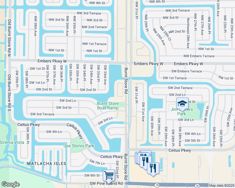 map of restaurants, bars, coffee shops, grocery stores, and more near 221 Shadroe Cove Circle in Cape Coral