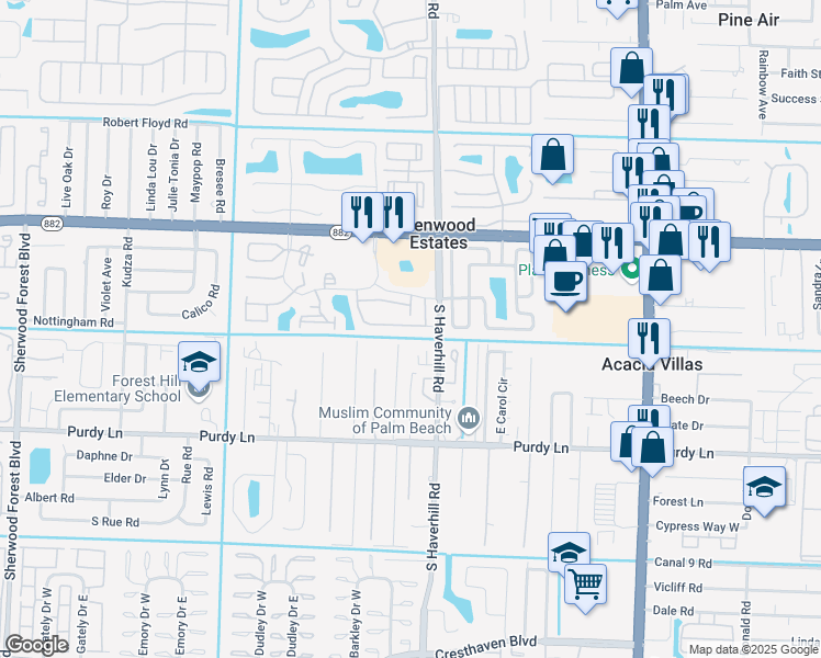 map of restaurants, bars, coffee shops, grocery stores, and more near 5108 Pine Abbey Drive South in West Palm Beach