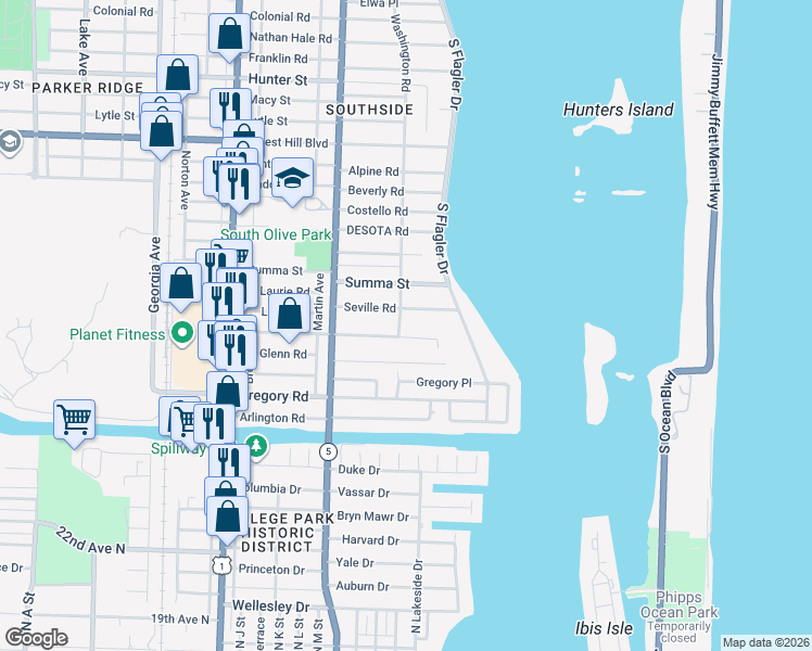 map of restaurants, bars, coffee shops, grocery stores, and more near 146 Seville Road in West Palm Beach