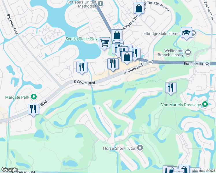 map of restaurants, bars, coffee shops, grocery stores, and more near 12211 Sunnydale Drive in Wellington