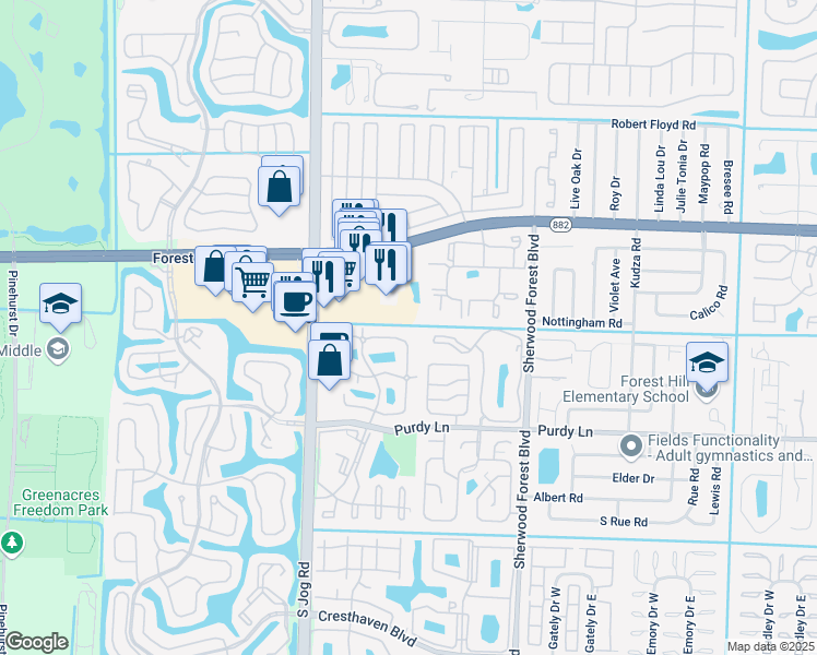 map of restaurants, bars, coffee shops, grocery stores, and more near 2152 White Pine Circle in Greenacres