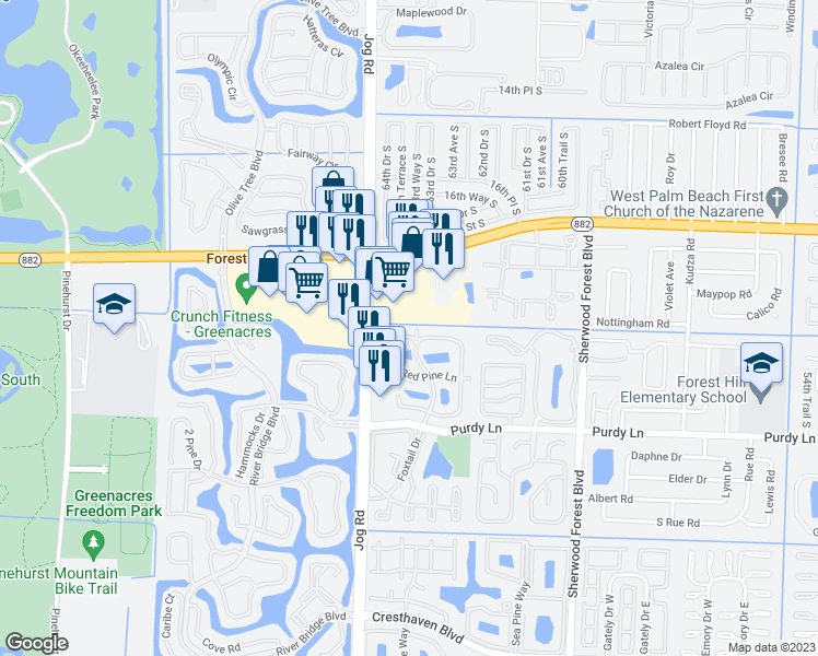 map of restaurants, bars, coffee shops, grocery stores, and more near 2132 White Pine Circle in Greenacres
