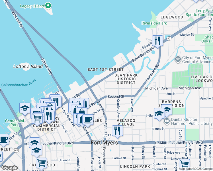 map of restaurants, bars, coffee shops, grocery stores, and more near 2644 Providence Street in Fort Myers