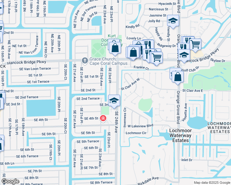 map of restaurants, bars, coffee shops, grocery stores, and more near 208 Southeast 24th Avenue in Cape Coral