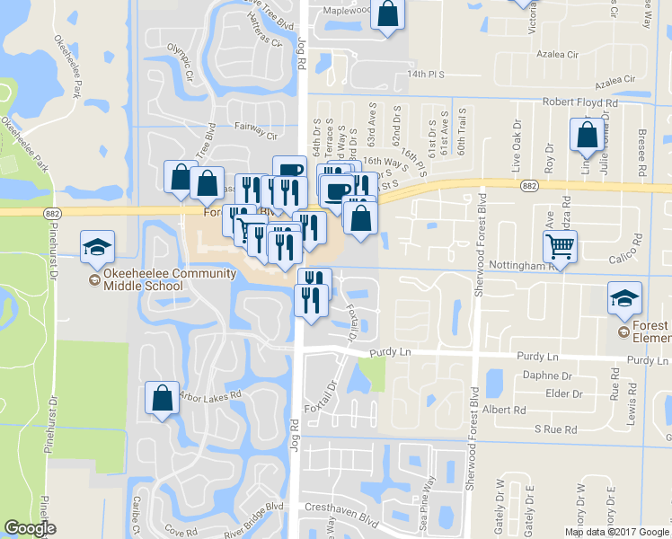 map of restaurants, bars, coffee shops, grocery stores, and more near 2132 White Pine Circle in Greenacres