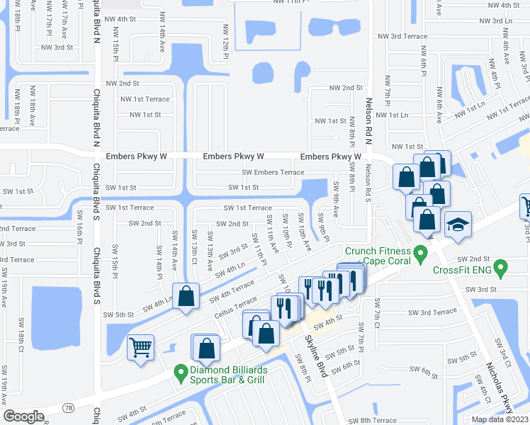 map of restaurants, bars, coffee shops, grocery stores, and more near 1100 Southwest 1st Terrace in Cape Coral
