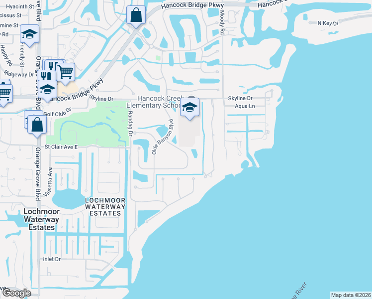 map of restaurants, bars, coffee shops, grocery stores, and more near 3330 Banyon Hollow Loop in North Fort Myers