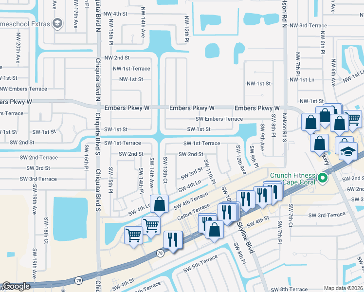map of restaurants, bars, coffee shops, grocery stores, and more near 1303 Southwest 1st Terrace in Cape Coral