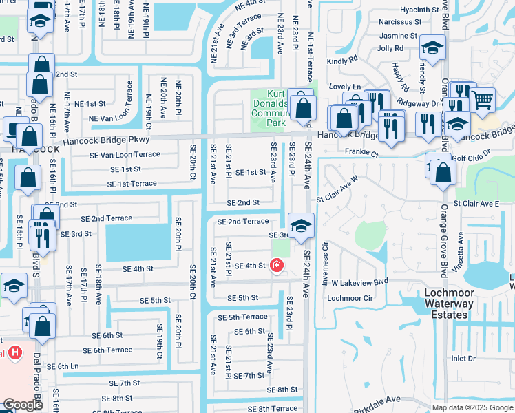 map of restaurants, bars, coffee shops, grocery stores, and more near 2219 Southeast 2nd Street in Cape Coral