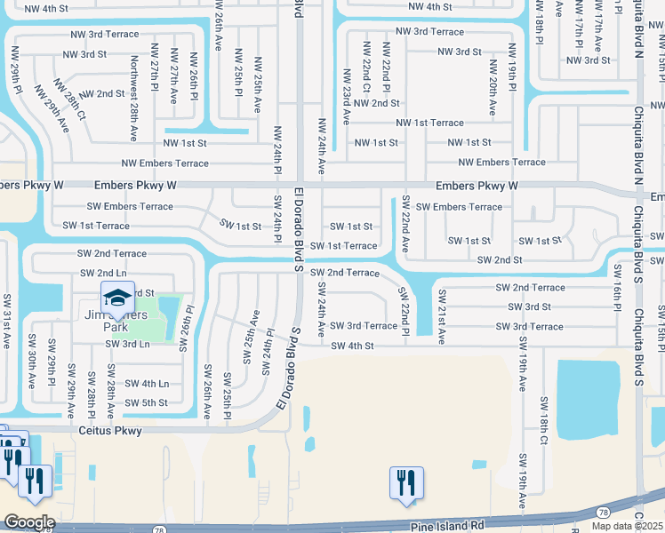 map of restaurants, bars, coffee shops, grocery stores, and more near 2246 Southwest 1st Terrace in Cape Coral