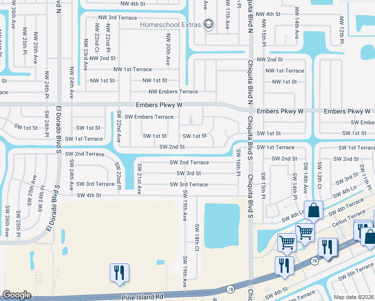 map of restaurants, bars, coffee shops, grocery stores, and more near 1819 Southwest 2nd Street in Cape Coral