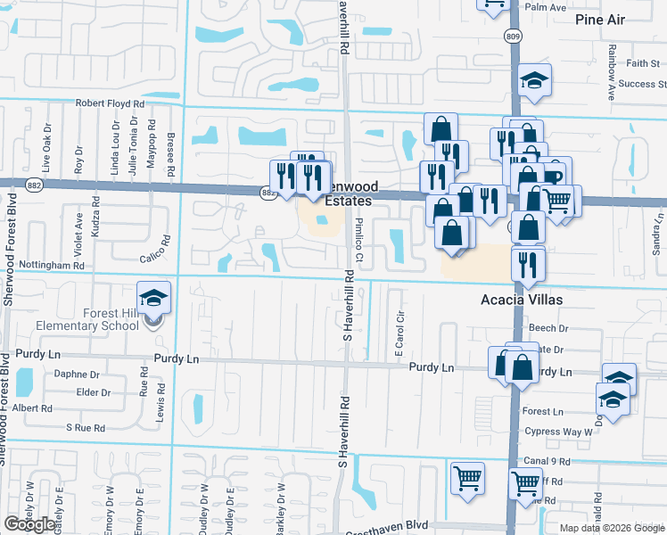 map of restaurants, bars, coffee shops, grocery stores, and more near 5044 Pine Abbey Drive South in West Palm Beach