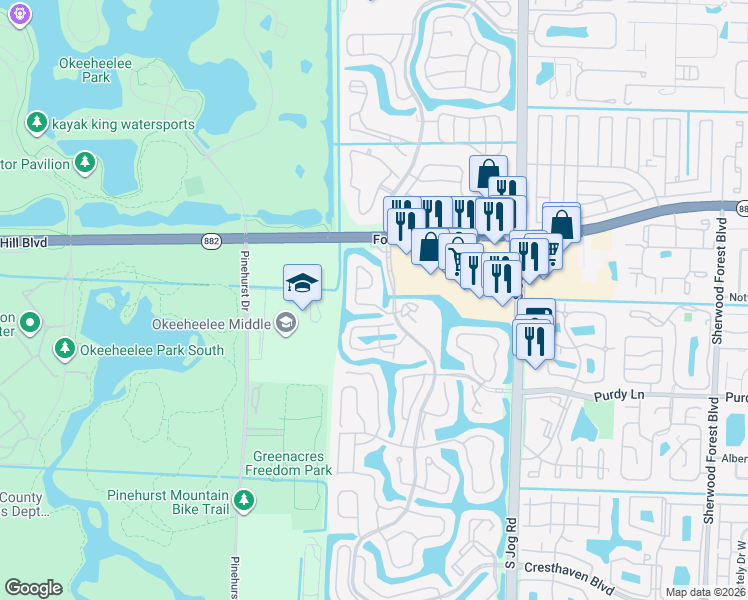 map of restaurants, bars, coffee shops, grocery stores, and more near 157 Island Way in Greenacres
