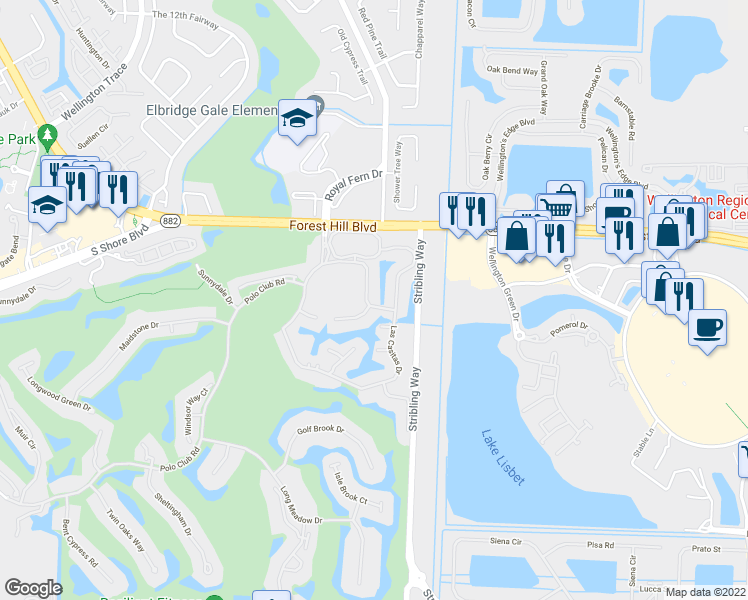 map of restaurants, bars, coffee shops, grocery stores, and more near 11673 Wimbledon Circle in Wellington
