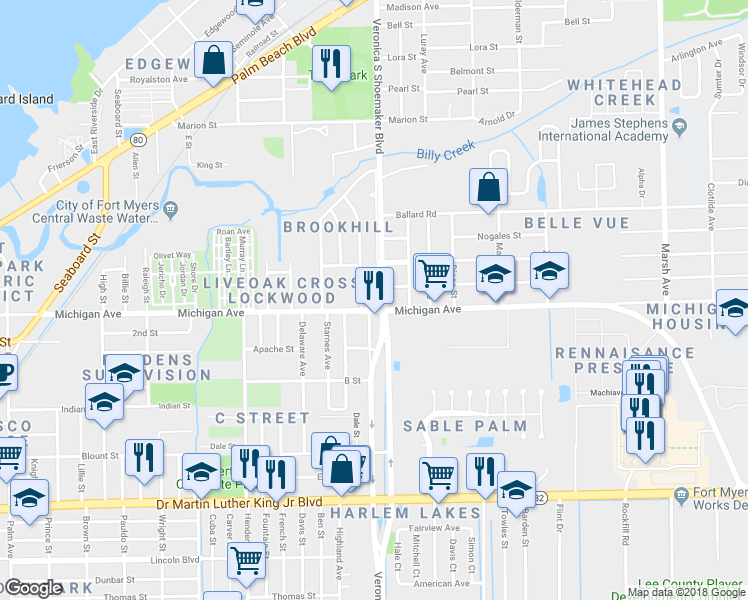 map of restaurants, bars, coffee shops, grocery stores, and more near 1532 Veronica S Shoemaker Boulevard in Fort Myers