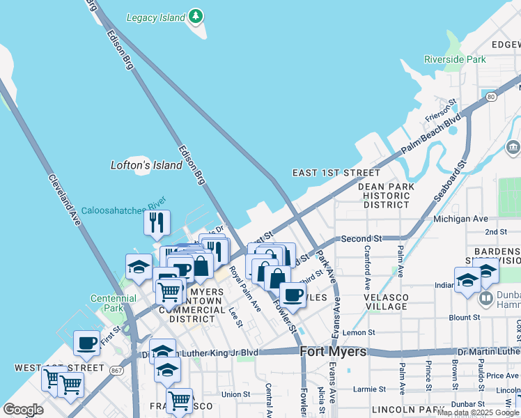map of restaurants, bars, coffee shops, grocery stores, and more near 2525 First Street in Fort Myers