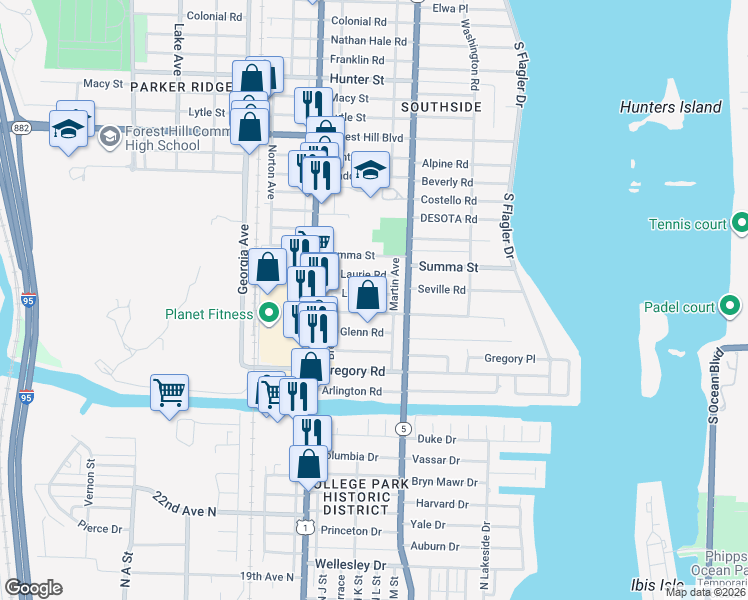 map of restaurants, bars, coffee shops, grocery stores, and more near 339 Leigh Road in West Palm Beach