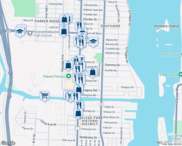 map of restaurants, bars, coffee shops, grocery stores, and more near 354 Leigh Road in West Palm Beach