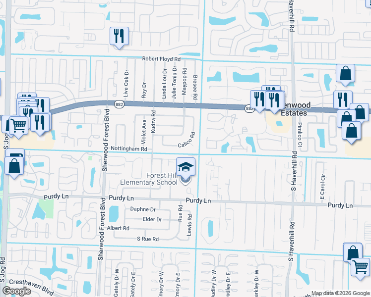 map of restaurants, bars, coffee shops, grocery stores, and more near 5572 Calico Road in West Palm Beach