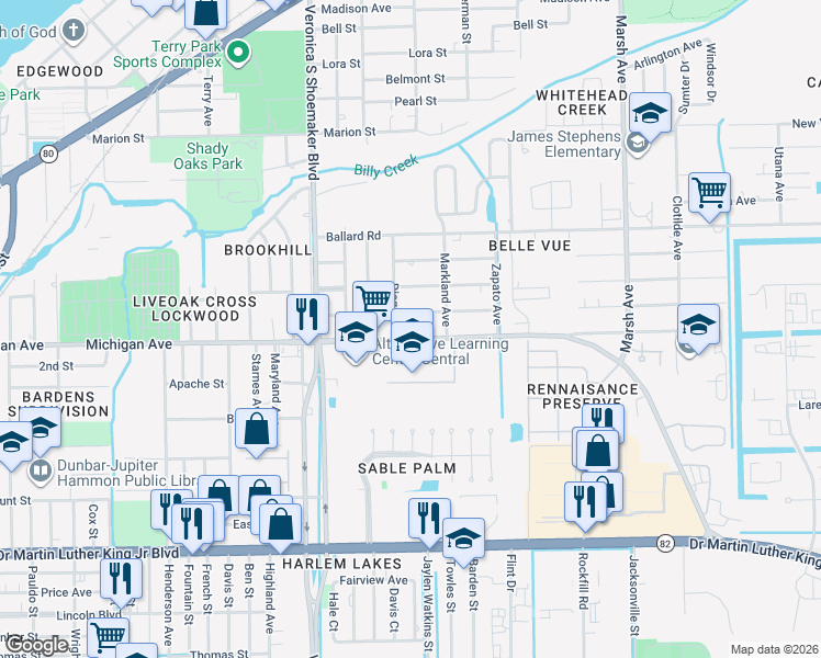 map of restaurants, bars, coffee shops, grocery stores, and more near 3621 Michigan Avenue in Fort Myers