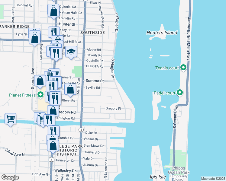 map of restaurants, bars, coffee shops, grocery stores, and more near 7601 South Flagler Drive in West Palm Beach
