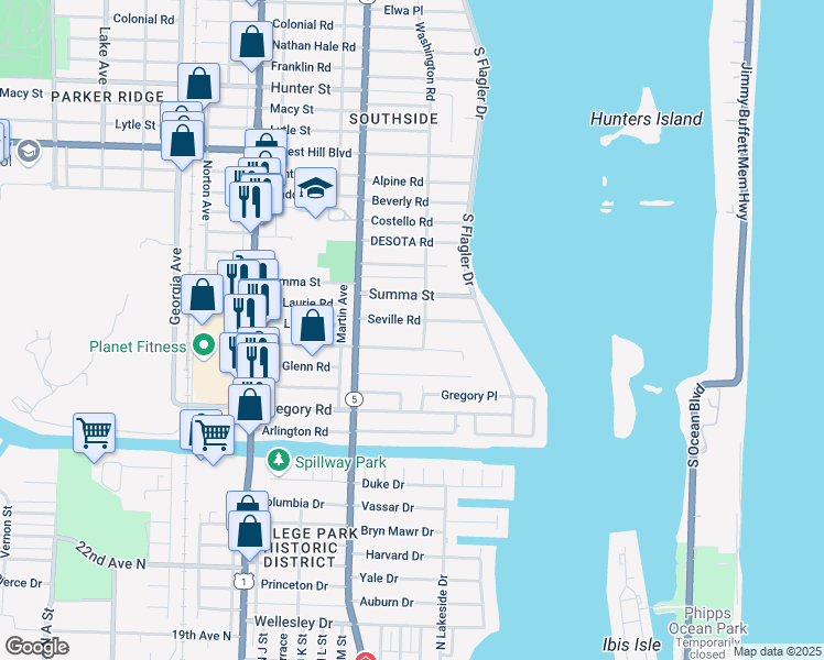map of restaurants, bars, coffee shops, grocery stores, and more near 220 Seville Road in West Palm Beach