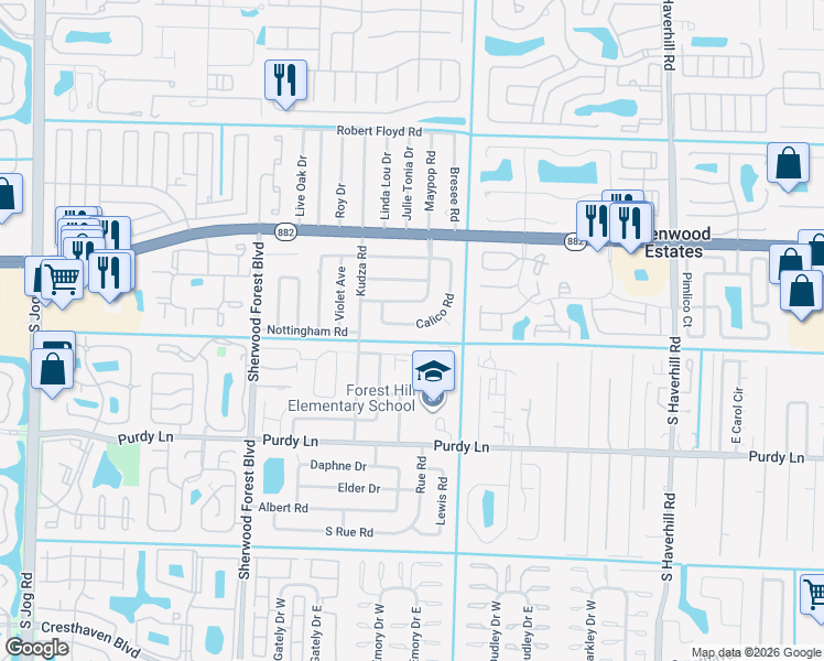 map of restaurants, bars, coffee shops, grocery stores, and more near 5668 Calico Road in West Palm Beach