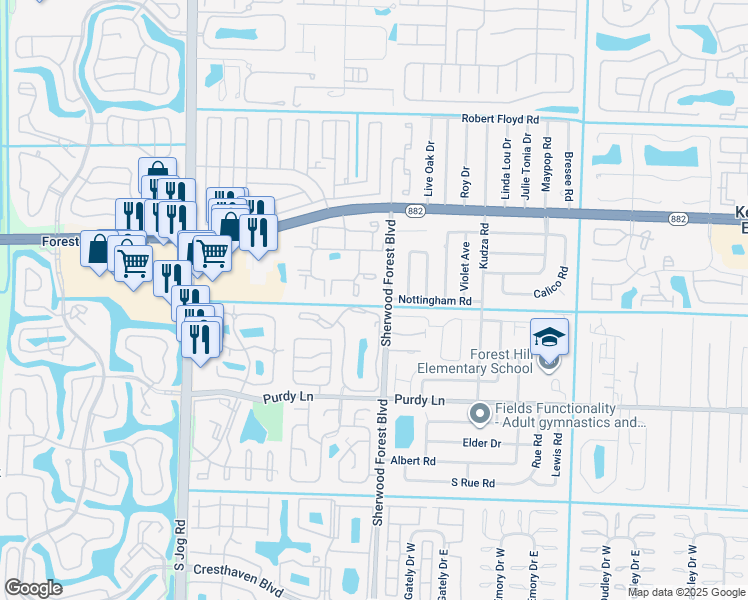map of restaurants, bars, coffee shops, grocery stores, and more near 198 Nottingham Road in West Palm Beach