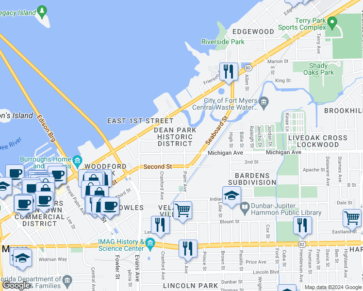 map of restaurants, bars, coffee shops, grocery stores, and more near 1572 Palm Avenue in Fort Myers