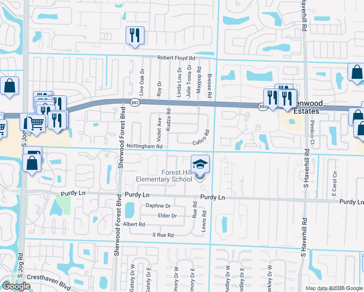 map of restaurants, bars, coffee shops, grocery stores, and more near 5668 Calico Road in West Palm Beach