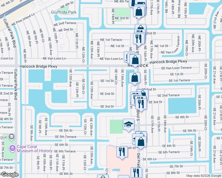 map of restaurants, bars, coffee shops, grocery stores, and more near 1410 Southeast 1st Terrace in Cape Coral
