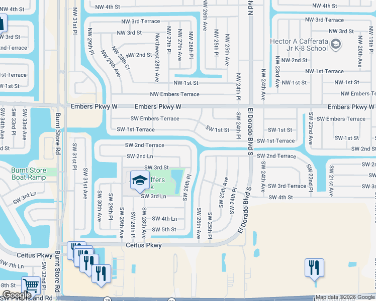 map of restaurants, bars, coffee shops, grocery stores, and more near 2624 Southwest 2nd Terrace in Cape Coral