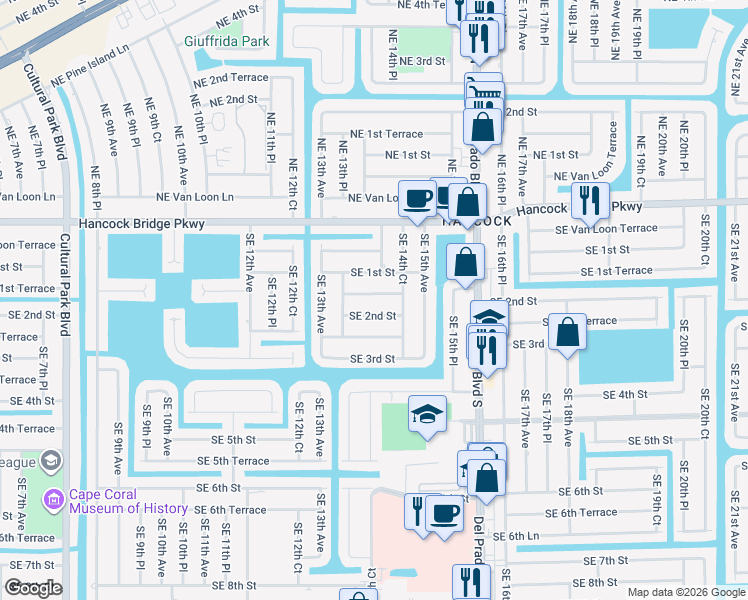 map of restaurants, bars, coffee shops, grocery stores, and more near 1410 Southeast 1st Terrace in Cape Coral