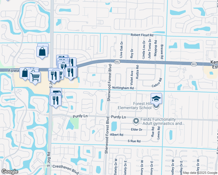 map of restaurants, bars, coffee shops, grocery stores, and more near 198 Nottingham Road in West Palm Beach