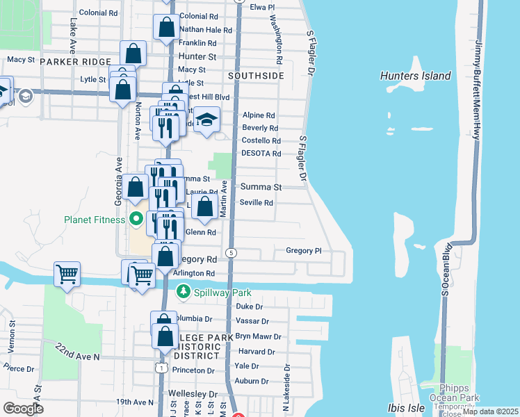 map of restaurants, bars, coffee shops, grocery stores, and more near 220 Seville Road in West Palm Beach
