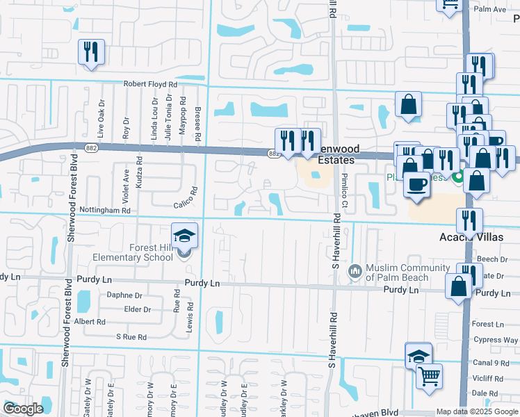 map of restaurants, bars, coffee shops, grocery stores, and more near 1937 Abbey Road in West Palm Beach