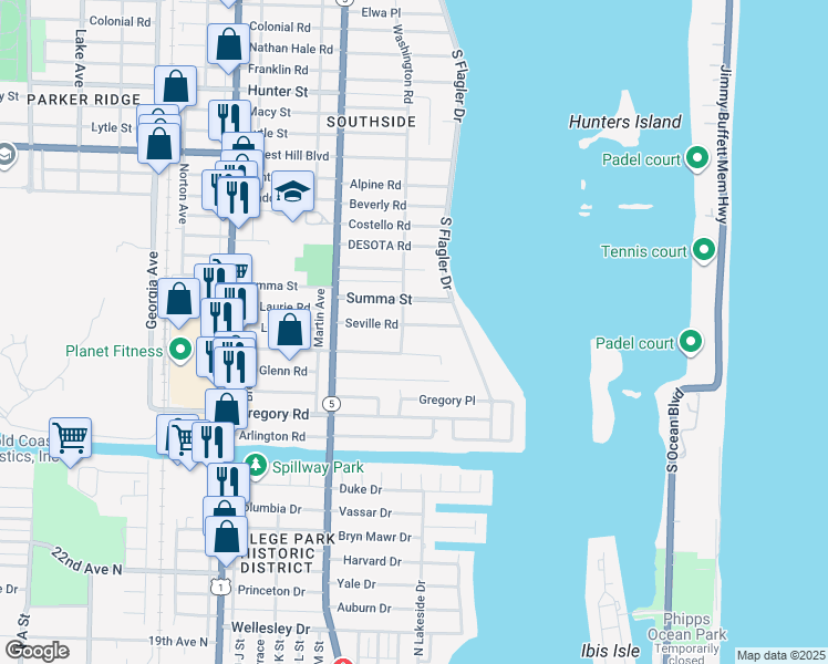map of restaurants, bars, coffee shops, grocery stores, and more near 146 Seville Road in West Palm Beach