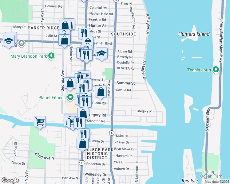 map of restaurants, bars, coffee shops, grocery stores, and more near 260 Seville Road in West Palm Beach