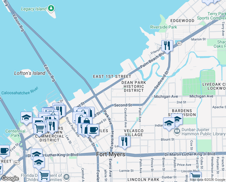 map of restaurants, bars, coffee shops, grocery stores, and more near 2644 Providence Street in Fort Myers